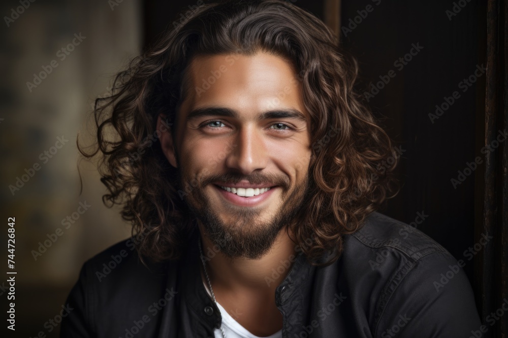 Poster portrait of a man with long hair and a beard, smiling. suitable for various projects