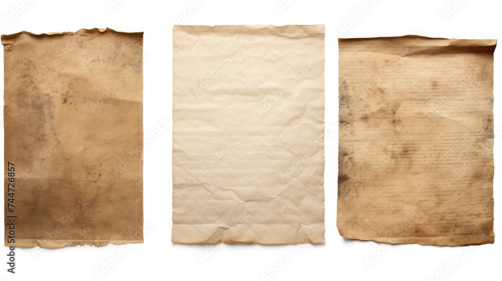 Poster Three pieces of old paper on a plain white background. Perfect for adding text or images