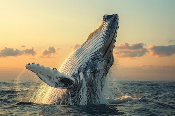 A massive blue whale breaching the ocean surface, a moment of awe-inspiring power and grace - obrazy, fototapety, plakaty