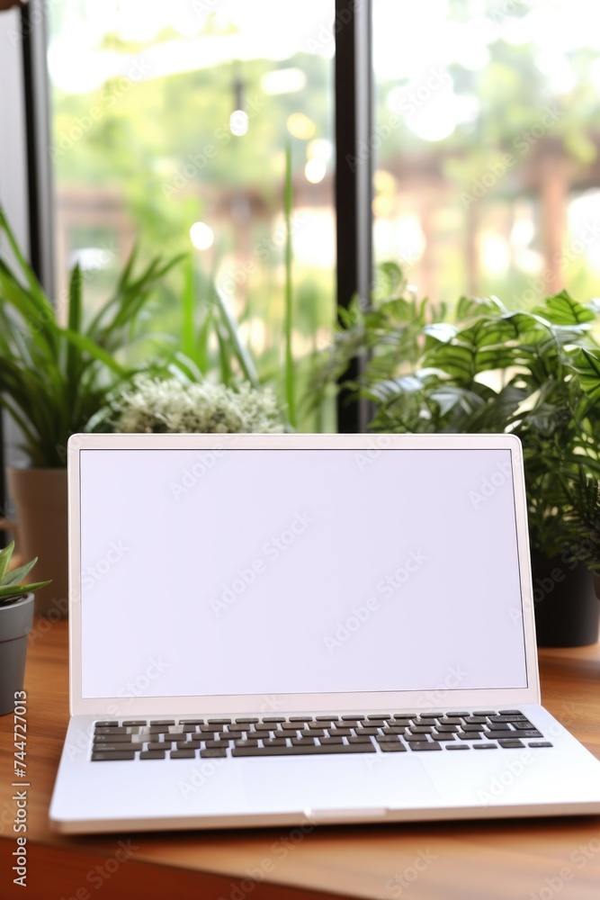 Poster modern laptop computer on a rustic wooden desk, suitable for office or technology concepts