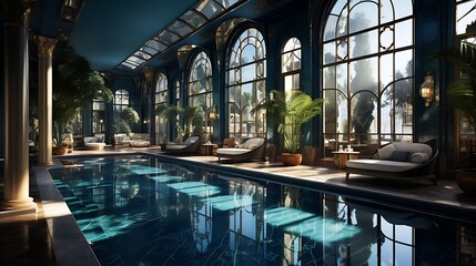 serene escape: a luxurious hotel wellness space with a turquoise pool and lush indoor oasis