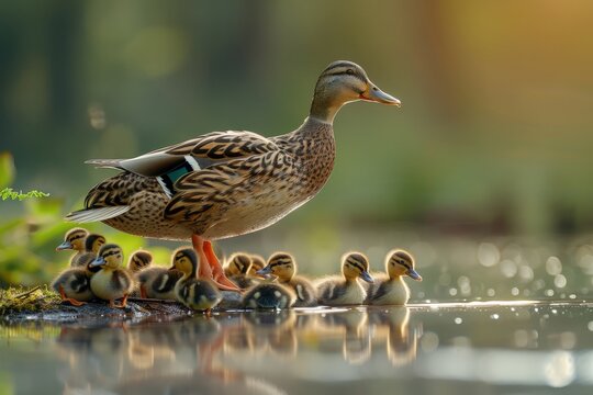 A mother duck leading her ducklings through a tranquil pond, reflecting the nurturing side of wildlife