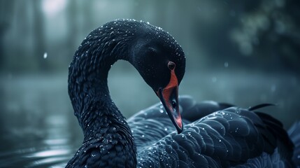 a black swan with a red beak - obrazy, fototapety, plakaty