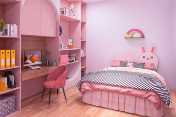 bedroom with pink bed, children bedroom
