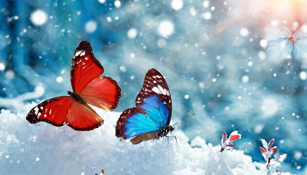 natural winter spring background red and blue leaves and butterflies in snow and ice winter wonderland