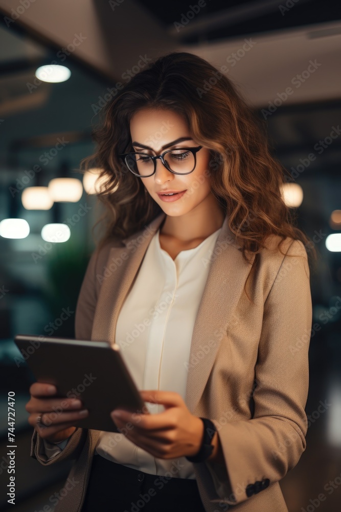 Poster woman in glasses using a tablet computer. suitable for technology concepts