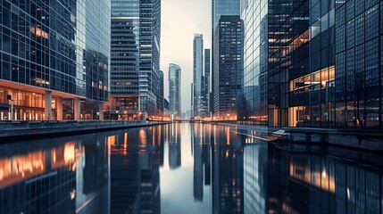 urban reflection: the skyscraper's serene stance by the water - obrazy, fototapety, plakaty