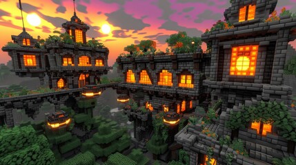 Mystical Castle at Sunset with Glowing Windows and Verdant Surroundings in a Fantasy World