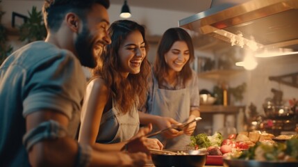 Group of people cooking in a busy kitchen, ideal for food blogs or culinary websites
