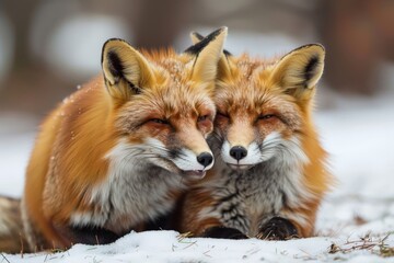 Fototapeta premium A pair of red foxes playing in a snow-covered forest clearing, their vibrant coats contrasting with the white snow