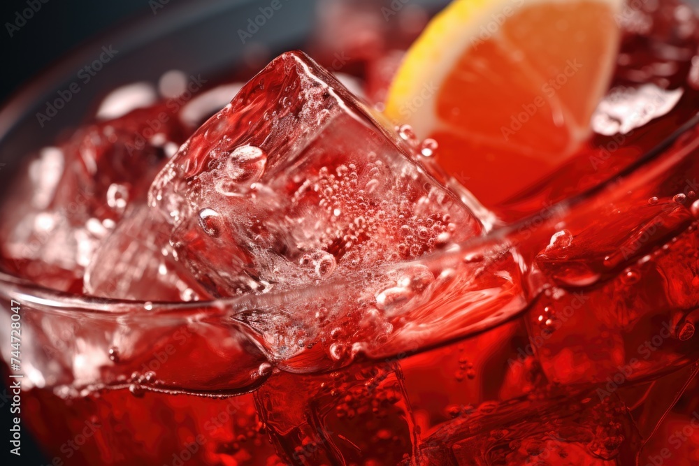 Poster Close up of a refreshing drink with ice and a slice of lemon. Ideal for food and beverage concepts