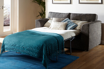 bedroom interior, sofa and pillows, home decor