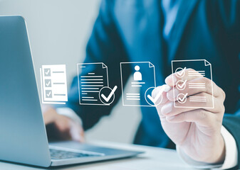 Businessman filling out employee evaluation form online Human resource management (HR), human...