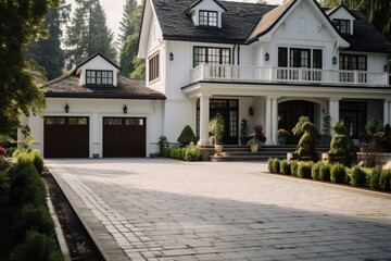 A large white house with a driveway, suitable for real estate or architecture concepts