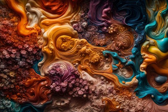 A high-definition image capturing the harmonious blending of colorful liquids against a modern canvas, enriched by the presence of intricate flower motifs