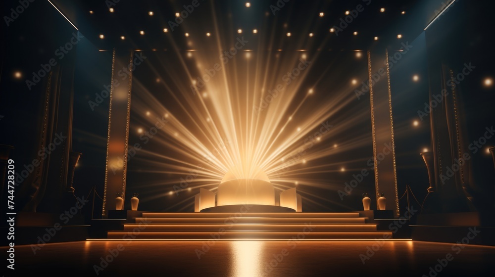 Poster A stage with multiple platforms and stage lights. Ideal for theater or concert themes