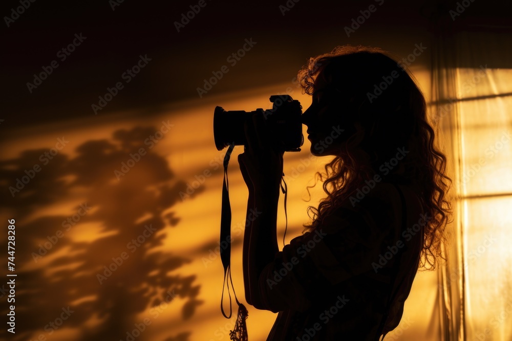Poster woman taking a picture with a camera, suitable for various projects