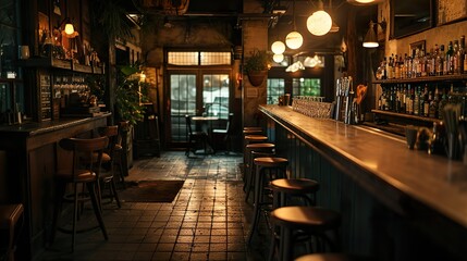 Cozy Rustic Bar with Warm Lighting and Inviting Atmosphere