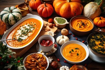 A table with bowls of soup and pumpkins, perfect for fall or Thanksgiving themes