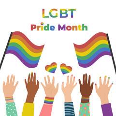 LGBT Pride Month Multiracial hands with hearts. The colors of the rainbow are symbols of LGBT.