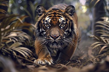 A powerful tiger stealthily moving through the jungle underbrush, eyes focused and intent on its prey