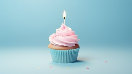 Birthday cupcake with candle on pastel background.