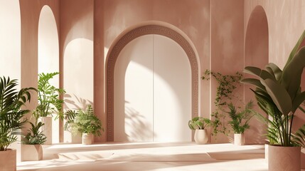 a room with a arch and a bunch of plants