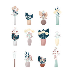 A large set of flowers in boho style vases. Composition of flowers vector illustration. Bouquets of tricots, cotton, various decorative leaves and twigs.