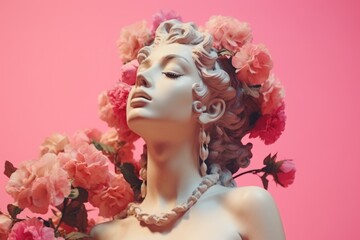 A statue of a woman adorned with flowers. Perfect for artistic projects