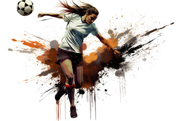 painting graphic of a woman soccer player kick ball and splash with colors isolated