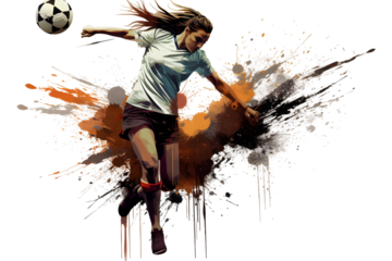 painting graphic of a woman soccer player kick ball and splash with colors isolated