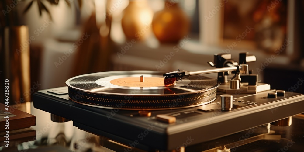 Poster a close up of a turntable on a table. ideal for music or entertainment concepts
