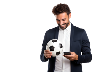 man hold soccer ball an use mobile phone isolated