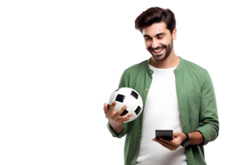 man hold soccer ball an use mobile phone isolated