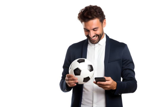man hold soccer ball an use mobile phone isolated