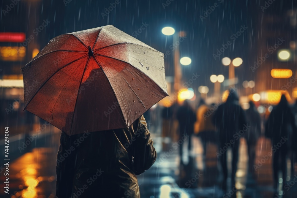 Poster a person holding an umbrella in the rain. suitable for weather-related concepts