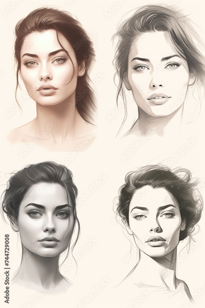 Poster a collection of sketches featuring various angles of a woman's face. ideal for art and design projec
