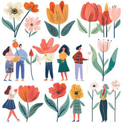 Various people with a giant Flowers. Young person ho - obrazy, fototapety, plakaty