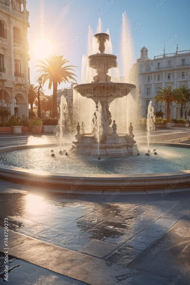 Aufkleber a beautiful fountain in a plaza with palm trees in the background. ideal for travel and tourism conc