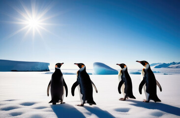 World Penguin Day, a flock of adult penguins on an ice floe, an iceberg in the ocean, the kingdom of ice and snow, a snowy coast, the far north, a frosty sunny day