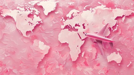 pink world map, travel background, wanderlust illustration, adventure map, pink globe, airplane travel, pop-inspired design, wanderlust background, travel blog image, adventure-themed illustration, pi - obrazy, fototapety, plakaty