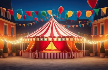 Festive striped tent for outdoor events, fairs, and circus-themed gatherings, providing a vibrant and inviting atmosphere.