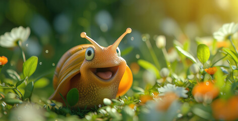 Funny Cartoon Snail Exploring Field of Flowers