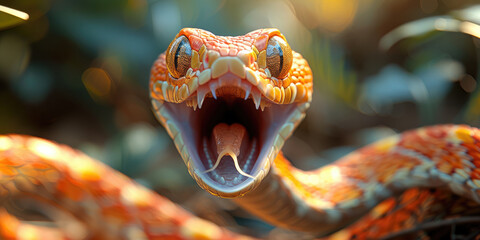 Funny Cartoon Close Up of a Yellow Snake With Its Mouth Open and Tongue