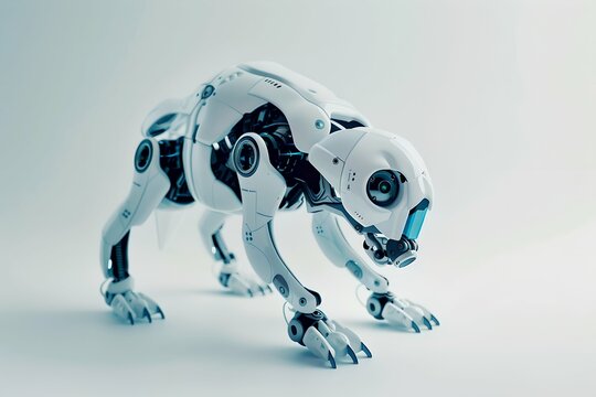 Futuristic robotic dog on a white background. Companion robot. Artificial intelligence, science and innovation, futuristic techology. Ai and machine learning concept. Sci-fi, science fiction