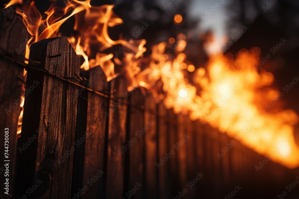 Poster a wooden fence with a fire burning behind it. suitable for concepts related to danger and destructio