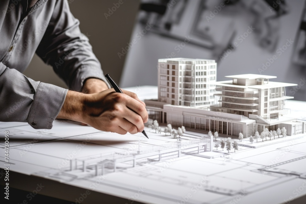 Poster A man working on a building model, suitable for architectural projects