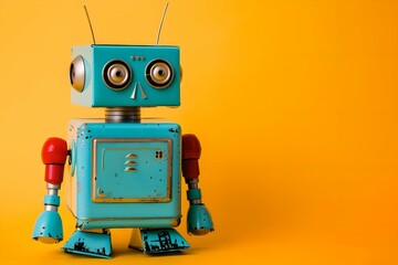 Vintage toy robot standing on a yellow background. Retro style, 50s and 60s. Technology and nostalgia concept. Design for banner, poster with copy space
