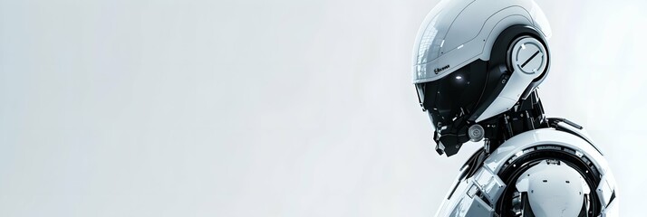 Sleek humanoid robot on white background. Artificial intelligence, science and innovation, future techology, sci-fi. Ai and machine learning concept. Design for banner, header with copy space