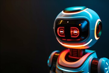 Fototapeta premium Cute robot with glowing eyes on black background. Artificial intelligence, science and innovation, futuristic techology. Ai and machine learning concept. Design for banner, poster with copy space